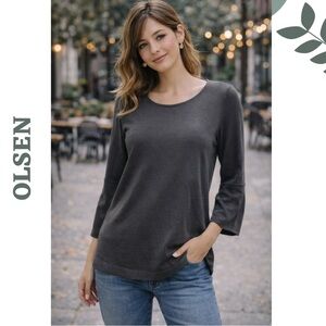 Olsen Charcoal Knit Top 3/4 Sleeve Minimal Chic Medium